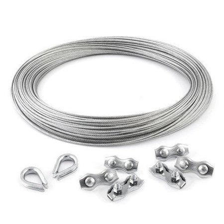 KIT : corde galvanisée de 4 mm 6x7 - 5 m, pince à double selle - 6 pièces.manchette - 2 pièces.