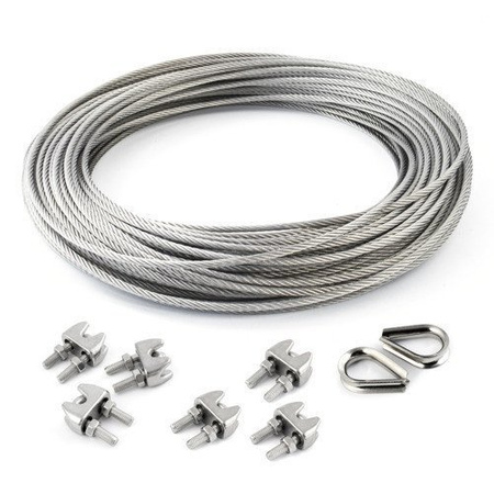 KIT : câble en acier inoxydable 2mm 7x19 - 5m, collier de serrage - 6 pcs.manchette - 2 pièces.