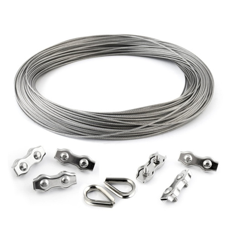 KIT : Câble en acier inoxydable 4mm 7x19 - 5m, double collier de serrage - 6 pcs.manchette - 2 pièces.