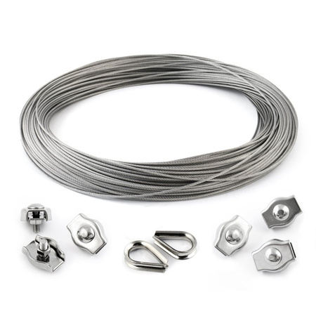 KIT : corde en acier inoxydable 2mm 7x7 - 20m, collier de serrage simple - 6 pcs.manchette - 2 pièces.