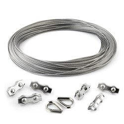 KIT : Corde en acier inoxydable 4mm 7x7 - 20m, double collier de serrage - 6 pcs.manchette - 2 pièces.