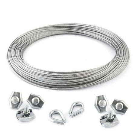 KIT : corde galvanisée 3mm 6x7 - 15m, collier de serrage simple - 8 pcs.manchette - 4 pièces.