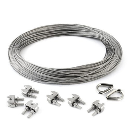 KIT : Corde en acier inoxydable 4mm 7x7 - 5m, collier de serrage - 6 pcs.manchette - 2 pièces.